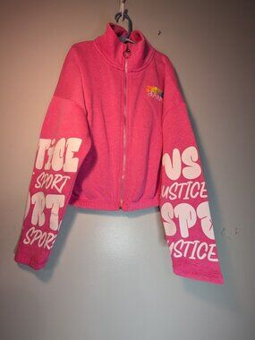 Justice Sport Pink Fleece Logo Zip Front Jacket Girls Size M